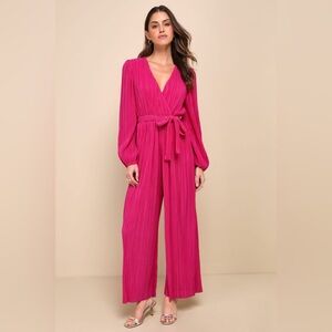 Simply Ravishing Magenta Plisse Long Sleeve Wide-Leg Jumpsuit
